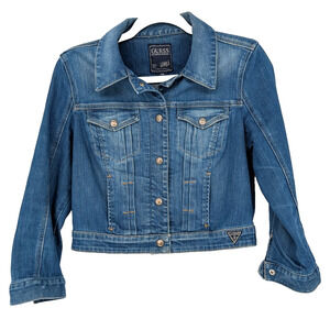 VTG Y2K Guess Jeans Pleated Snap Front Logo Crop Denim Trucker Western Jacket M